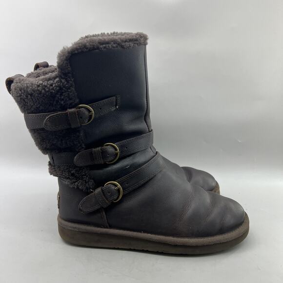 UGG Becket Boots Women Size 7 Brown Shearling Buckle Mid Calf Winter Strap Shoes - Picture 1 of 10